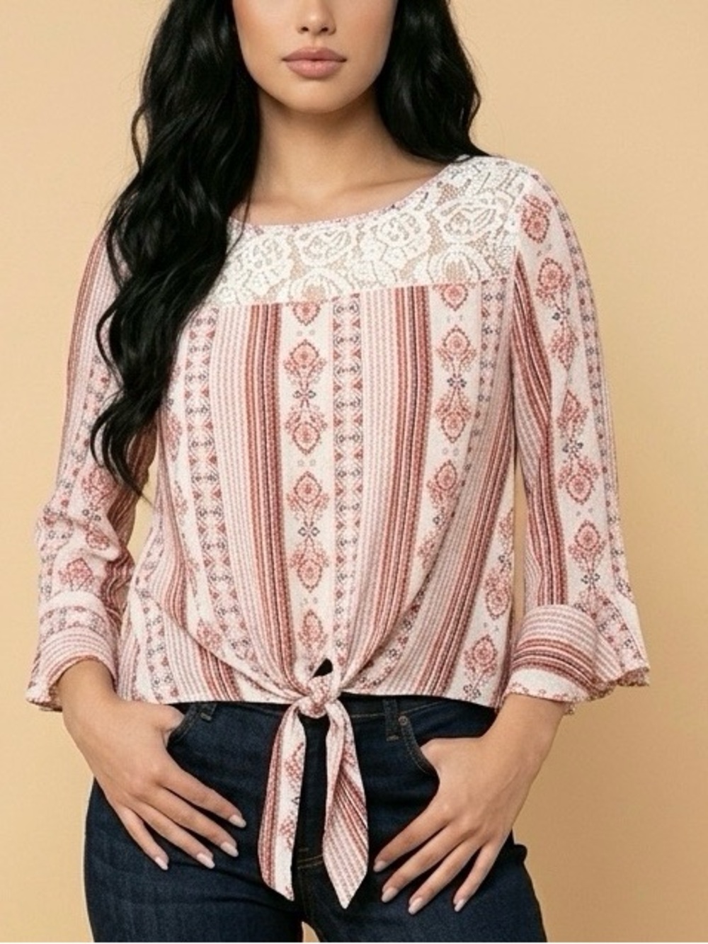 Sweet Tie-Front Lace Yoke Blouse